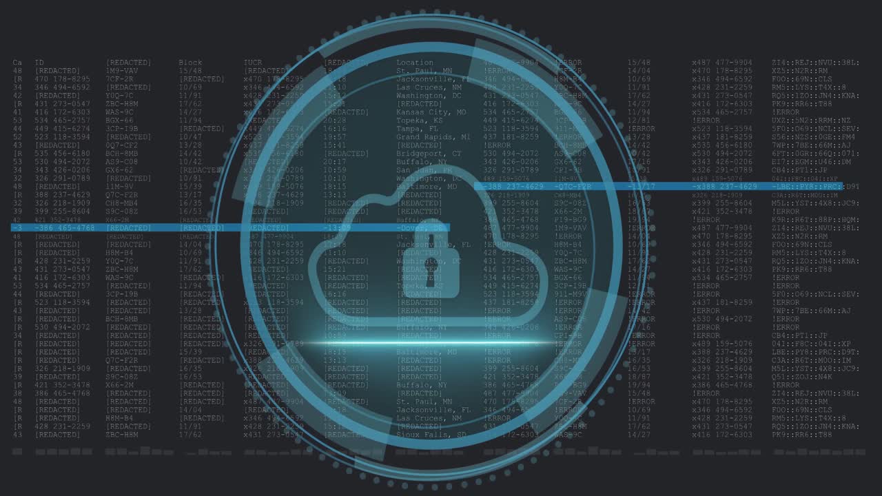 Animation of data processing and padlock over black background