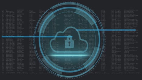 animation of data processing and padlock over black background