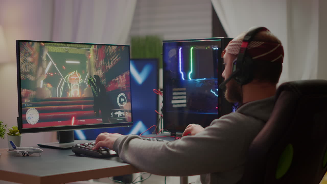 Pro cyber sport gamer playing FPS videogame