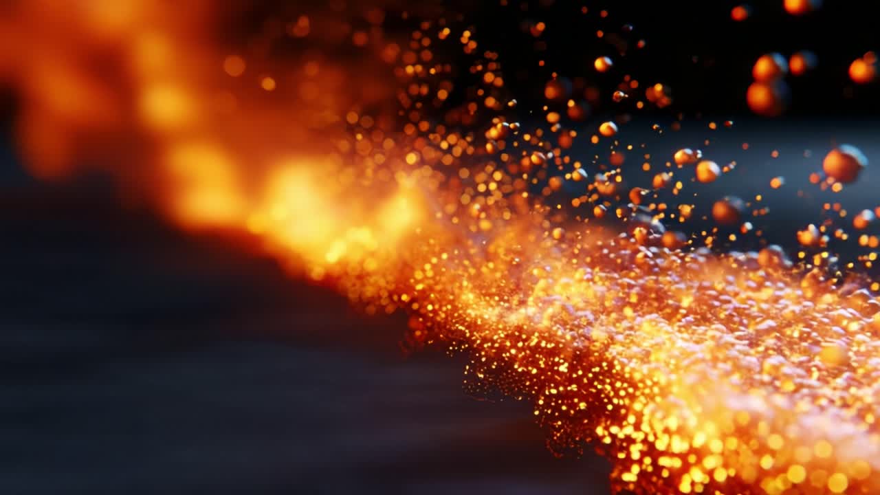 En hisnande uppvisning av flytande lava som visar upp livfulla orange nyanser och dynamiska gnistrar, vilket lyser upp omgivningen med ett fascinerande glödande sken och en förtrollande atmosfärisk effekt