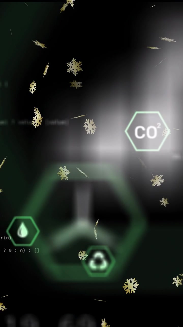 縦型動画：金色のフレークが漂い、ネオンの六角形HUDグループがCO2データを数値の変化として表示する。