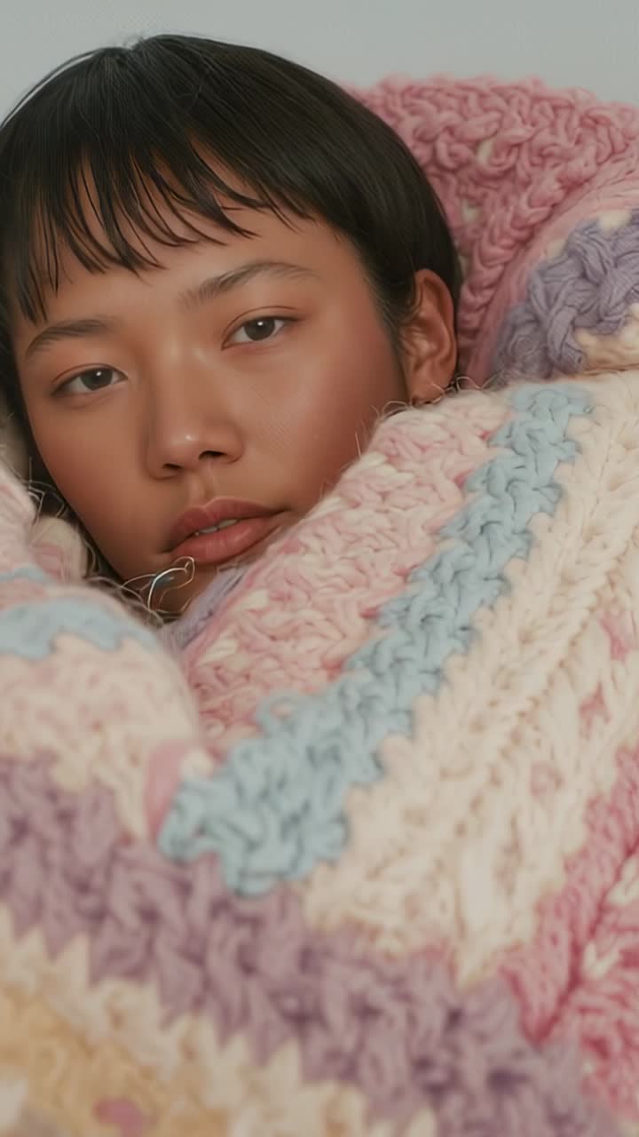 Vertical video: Wrapping Asian model in pastel knit at start adjusting wrap and gazing at studio