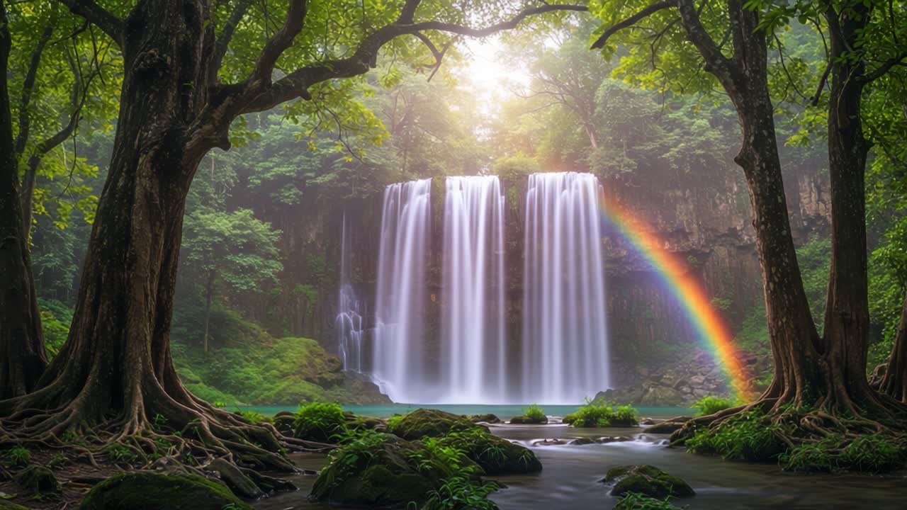 A Serene Waterfall Cascading Through Lush Greenery, Framed by Ancient Trees and a Vibrant Rainbow Arcing Over the Crystal-Clear Pool Below