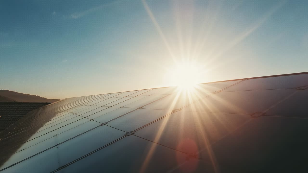 Rising sun sweeping across ground-mounted solar panels at hillside farm, producing reflections