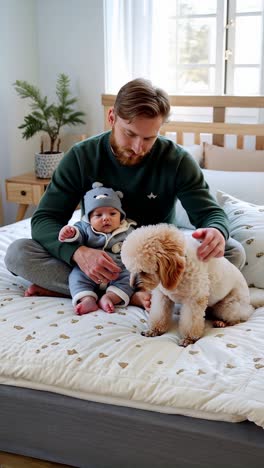 a father and baby bonding with their pet on the bed.