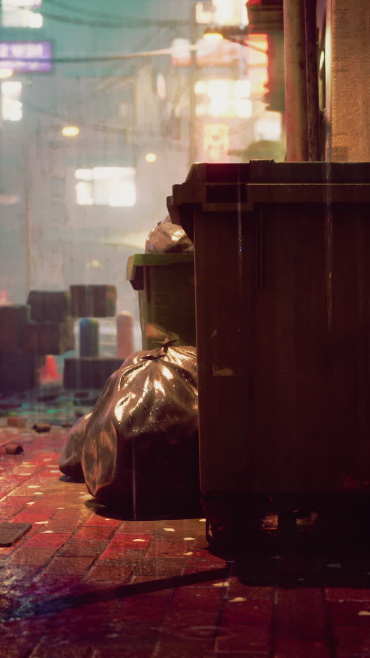 비가 오는 아시아 마을 의 보행자 길 에 있는 쓰레기통