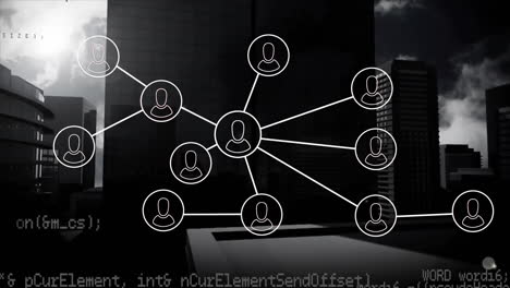 Animation-Des-Netzwerks-Von-Verbindungen-Mit-Menschensymbolen-über-Dem-Stadtbild