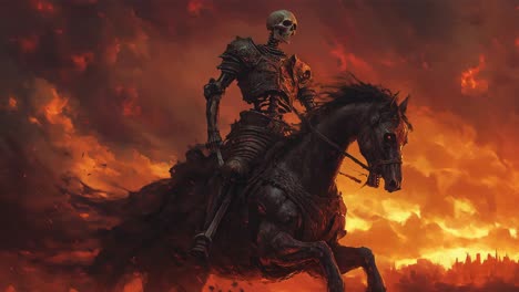 skeleton knight on a horse in a fiery sunset