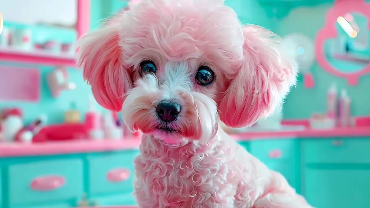 핑크색 테이블 꼭대기에 앉아 있는 작은 분홍색 개