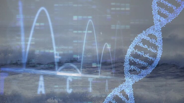 Left waveform appearing, DNA helix shimmering, peaks rising and letters cycling to show genome