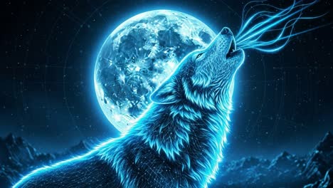 a majestic wolf howling under a glowing moonlit sky, emitting ethereal vibes and illuminating the night with its radiant blue aura