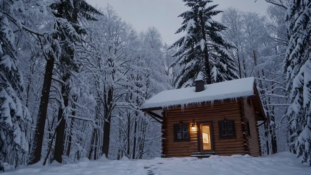 A cozy cabin in a snowy forest, captured at eye level. The video conveys a serene, wintery