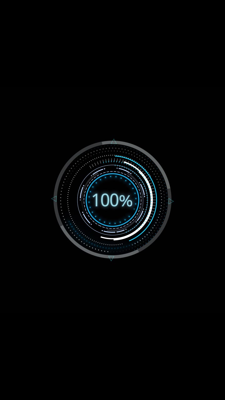 Hud circle complete loading screen one hundred percent display glowing cyan arcs dotted rings black