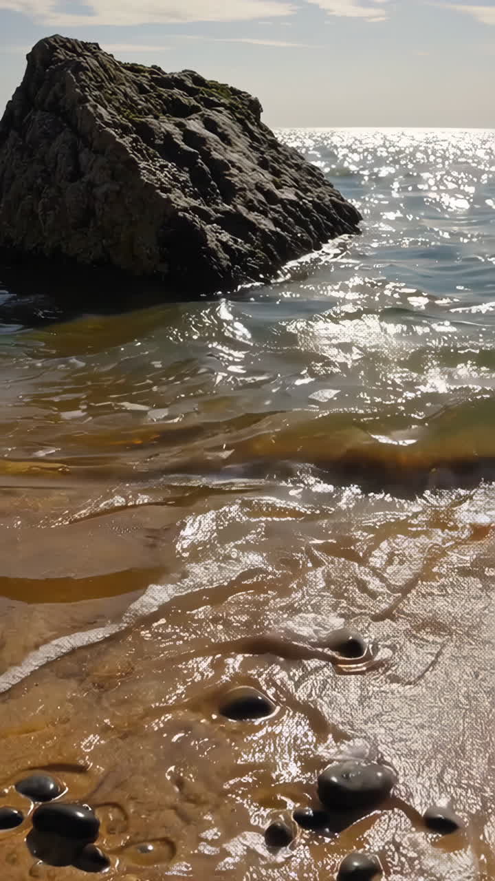 Rocky beach scene with waves and stones