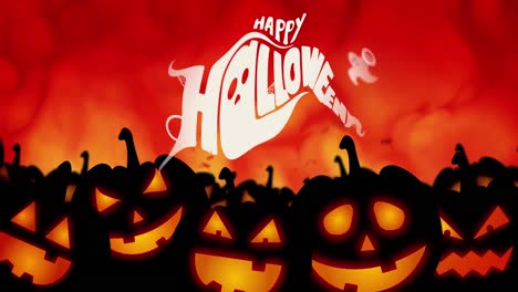 animation of happy halloween text over pumpkins