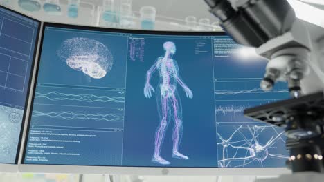 human skeleton models on computer screen. looking for injury. futuristic laboratory research