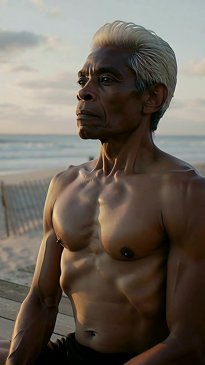 Video verticale: Telecamera in zoom che inquadra un uomo a torso nudo con pantaloncini scuri che osserva l'oceano da una terrazza con staccionata