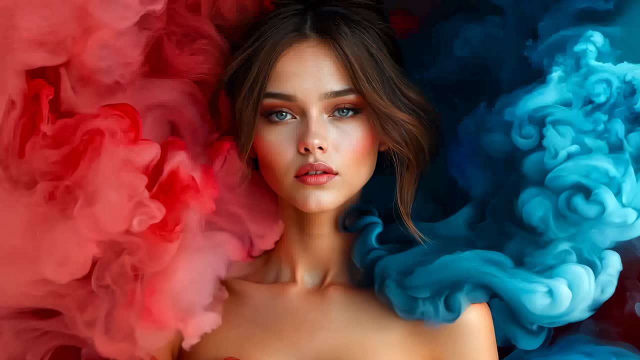 una mujer en un vestido rojo rodeada de humo azul y rojo