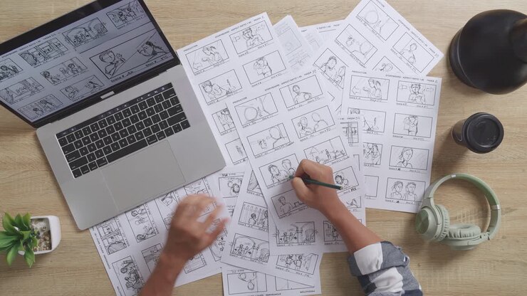 close-up-aufnahme eines asiatischen männlichen künstlers, der auf einem laptop ein konzept zeichnet und ein storyboard mit kopfhörern auf dem tisch im studio zeichnet