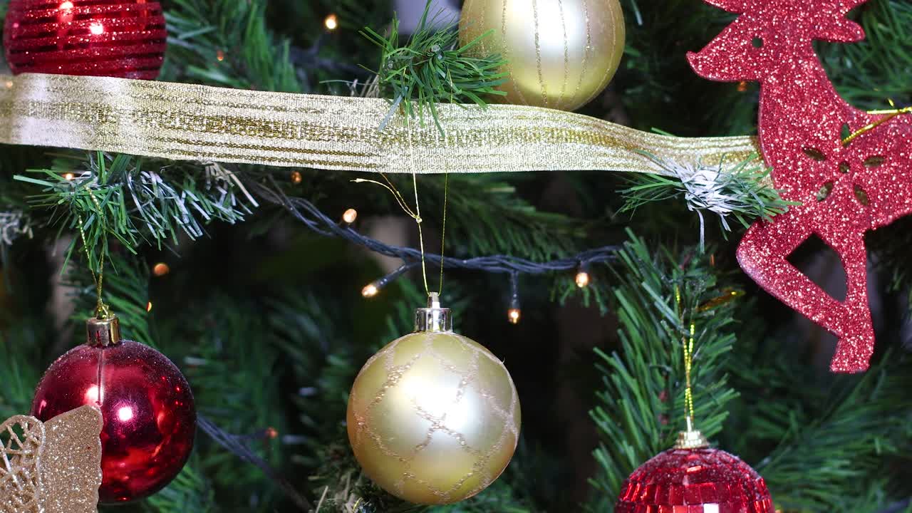 poniendo un ornamento de oro de navidad en el árbol de navidad.