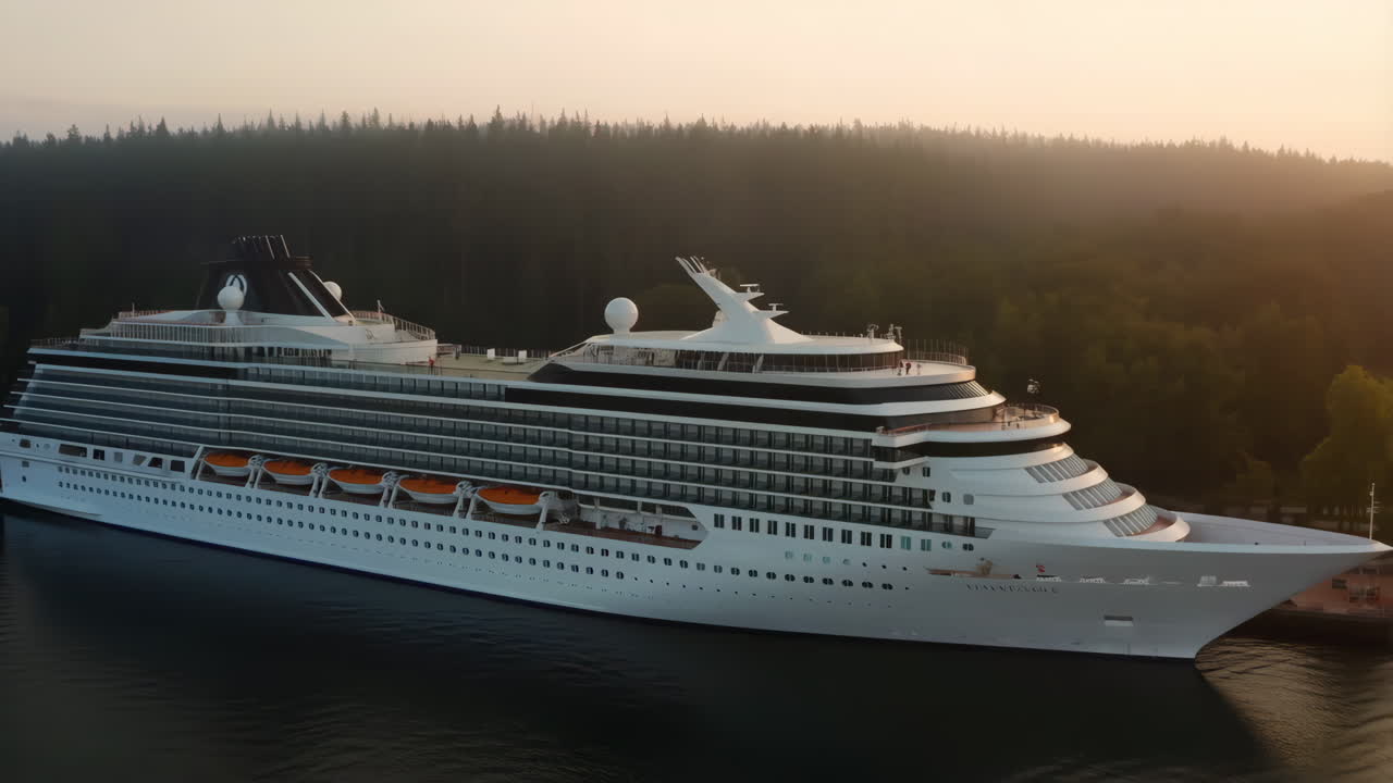 Large Cruise Ship Docked by Forest at Dawn or Dusk