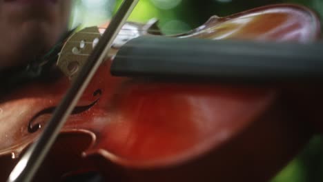 el músico se mueve para inclinarse sobre las cuerdas del violín creando música armoniosa, primer plano