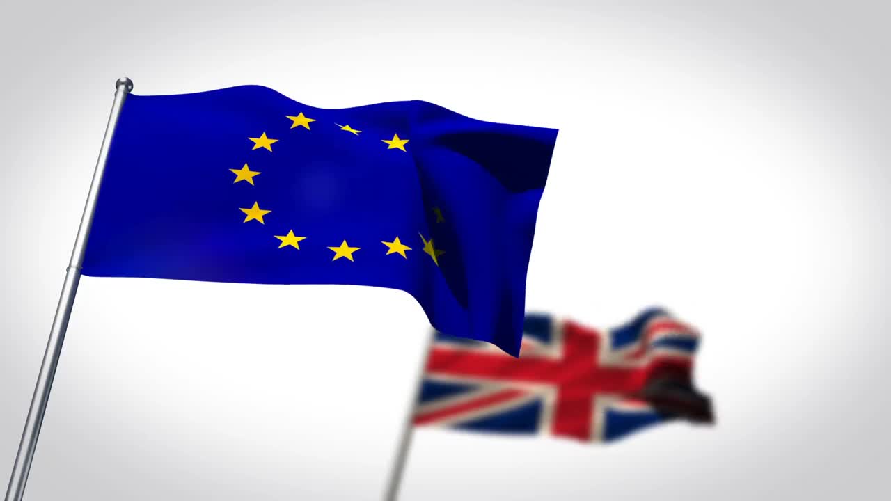Bandeira do Reino Unido e Bandeira Europeia tremulando contra fundo branco