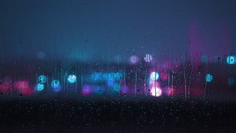 gentle rain falls on a window in mexico city, with vibrant city lights shimmering in the blurred background. a tranquil and atmospheric urban scene.