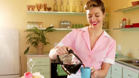 Waitress-pouring-black-coffee-in-mug-at-restaurant-4k