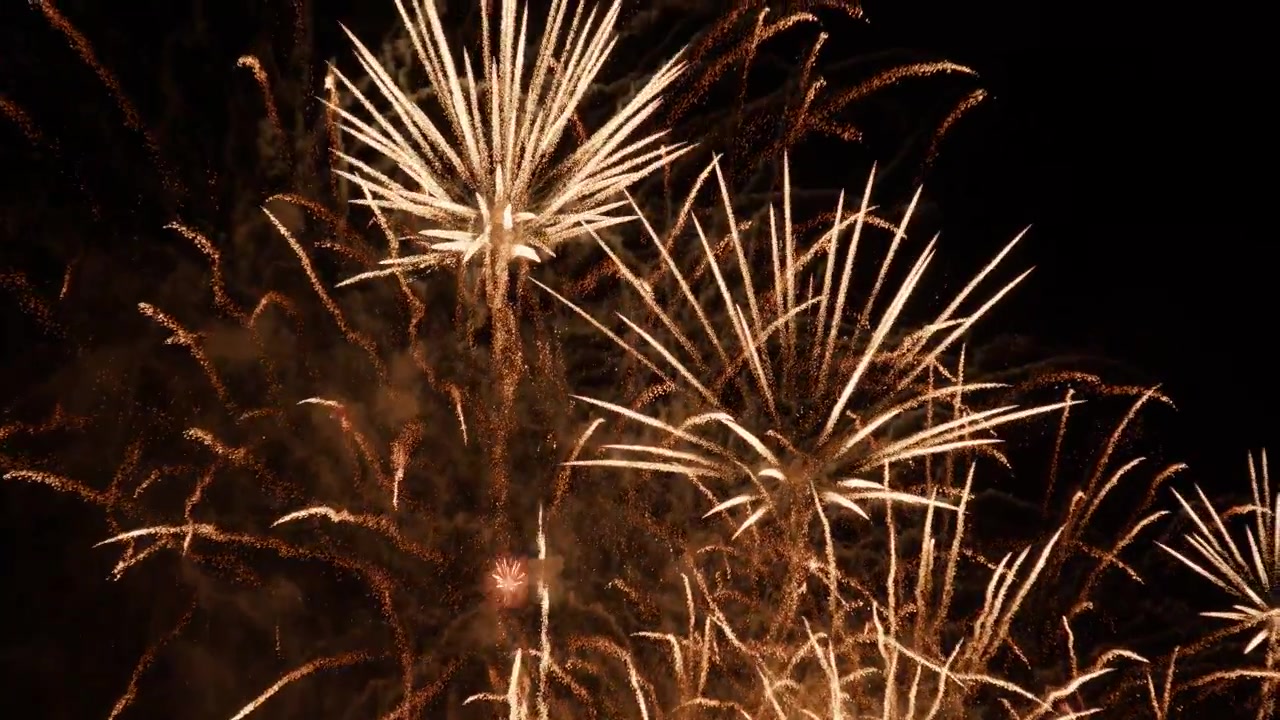 Golden Fireworks Display In The Night Sky At Adachi Fireworks Festival In Tokyo, Japan. Wide Shot