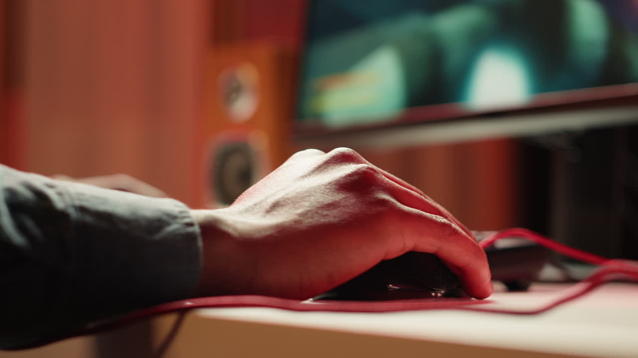 비디오 게임을 하기 위해 키보드와 유선 마우스를 사용하는 게이머