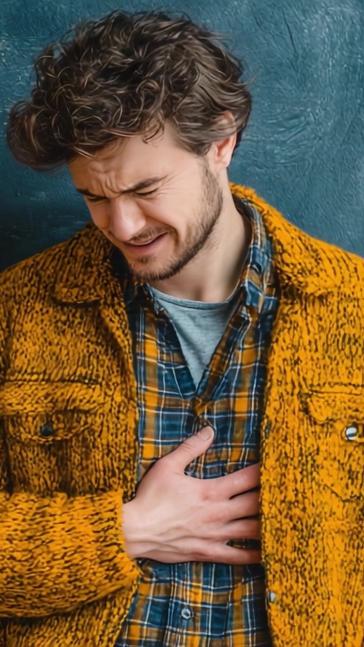 Un uomo che prova disagio si stringe lo stomaco, mostrando segni di sofferenza mentre indossa un comodo maglione giallo e una camicia a quadri su uno sfondo testurizzato.