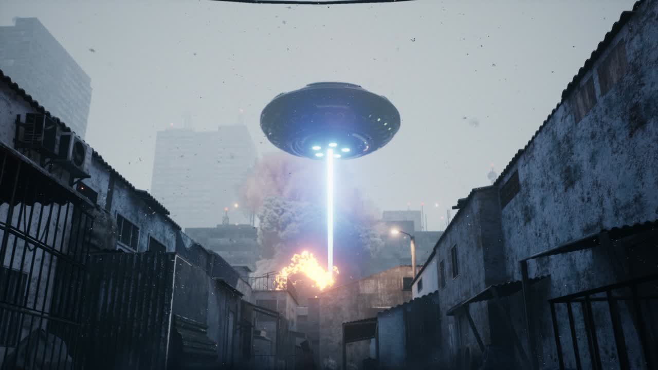An alien invader ship destroys a city with a powerful laser. Apocalyptic alien invasion atmosphere. An alien apocalypse. The animation is ideal for apocalyptic, sci-fi and space backgrounds.