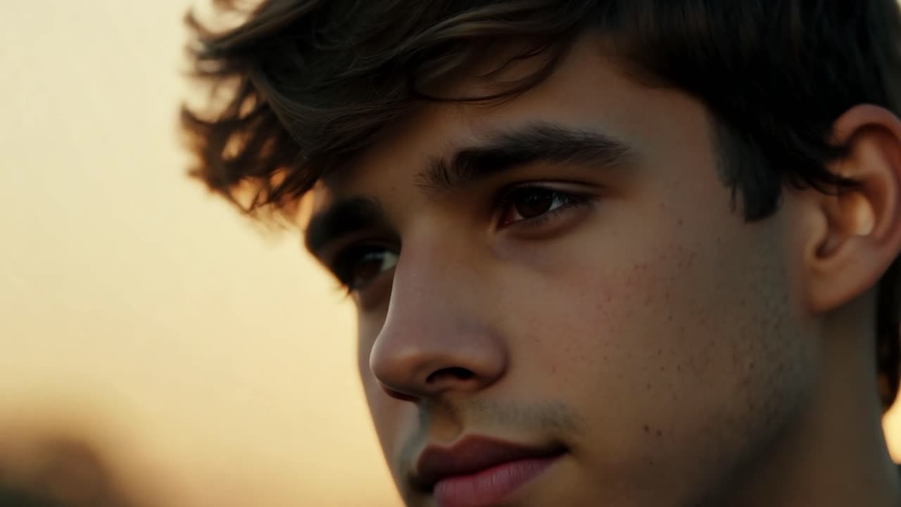 retrato de un joven con el sol poniéndose en el fondo