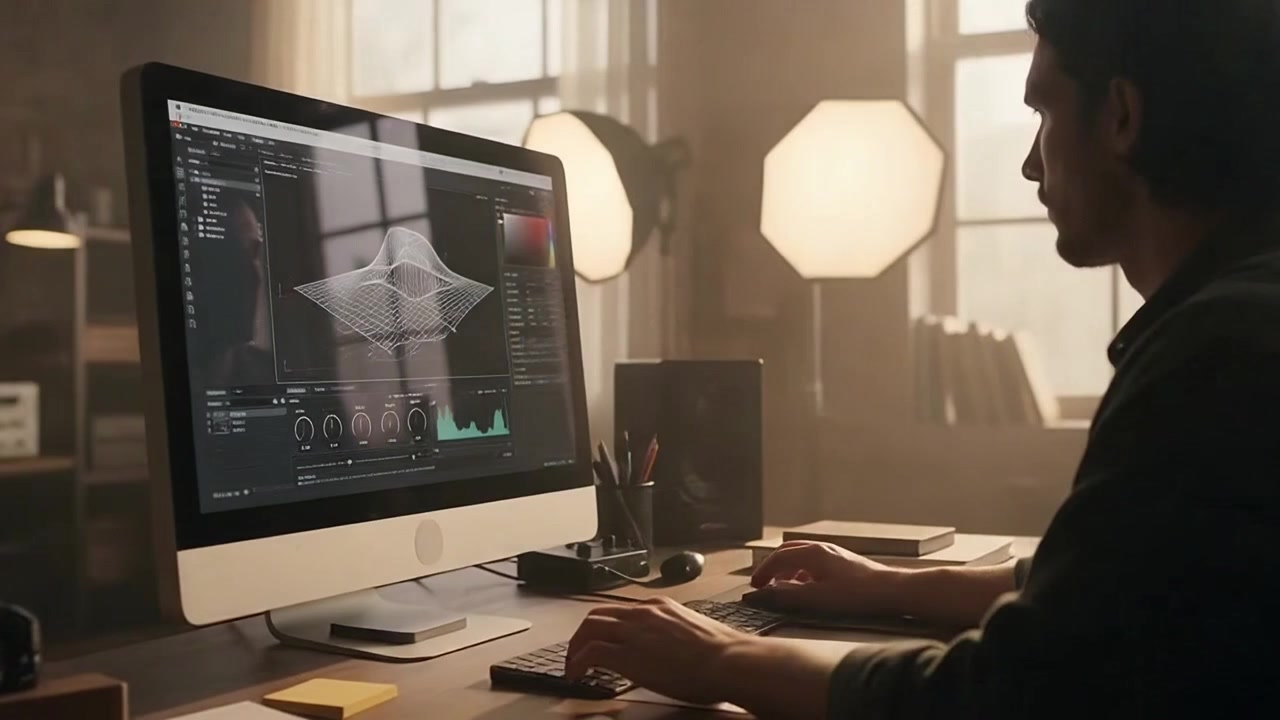 Graphic Designer Working on 3D Modeling Software in Studio