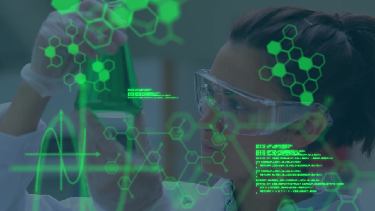 Animation of scientific data processing over caucasian female scientist with beaker