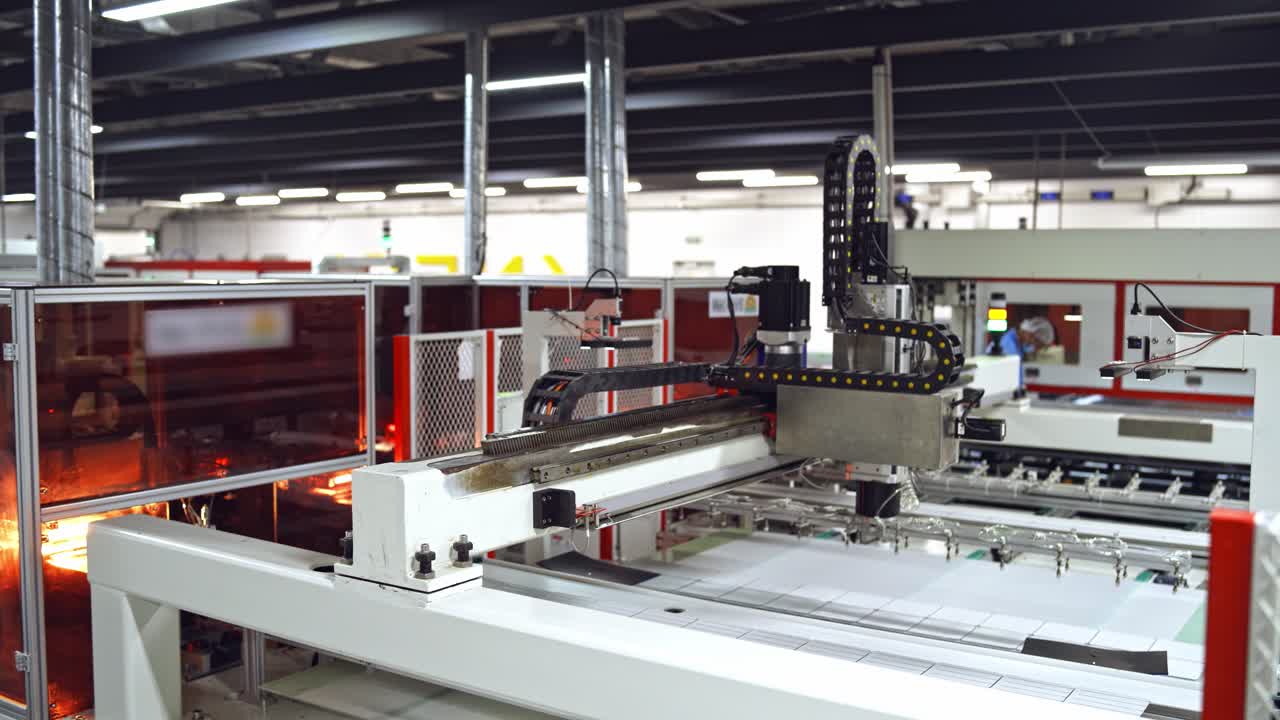 Smart factory industry. Robotic machine tool in industrial manufacture of solar panels