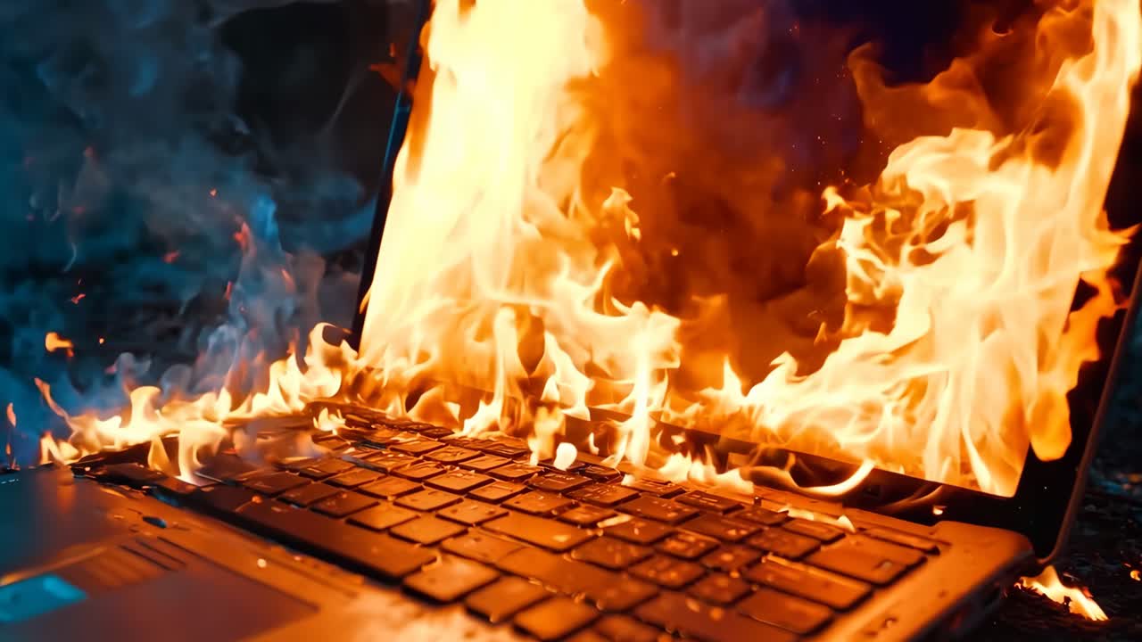 una computadora portátil en llamas en el suelo