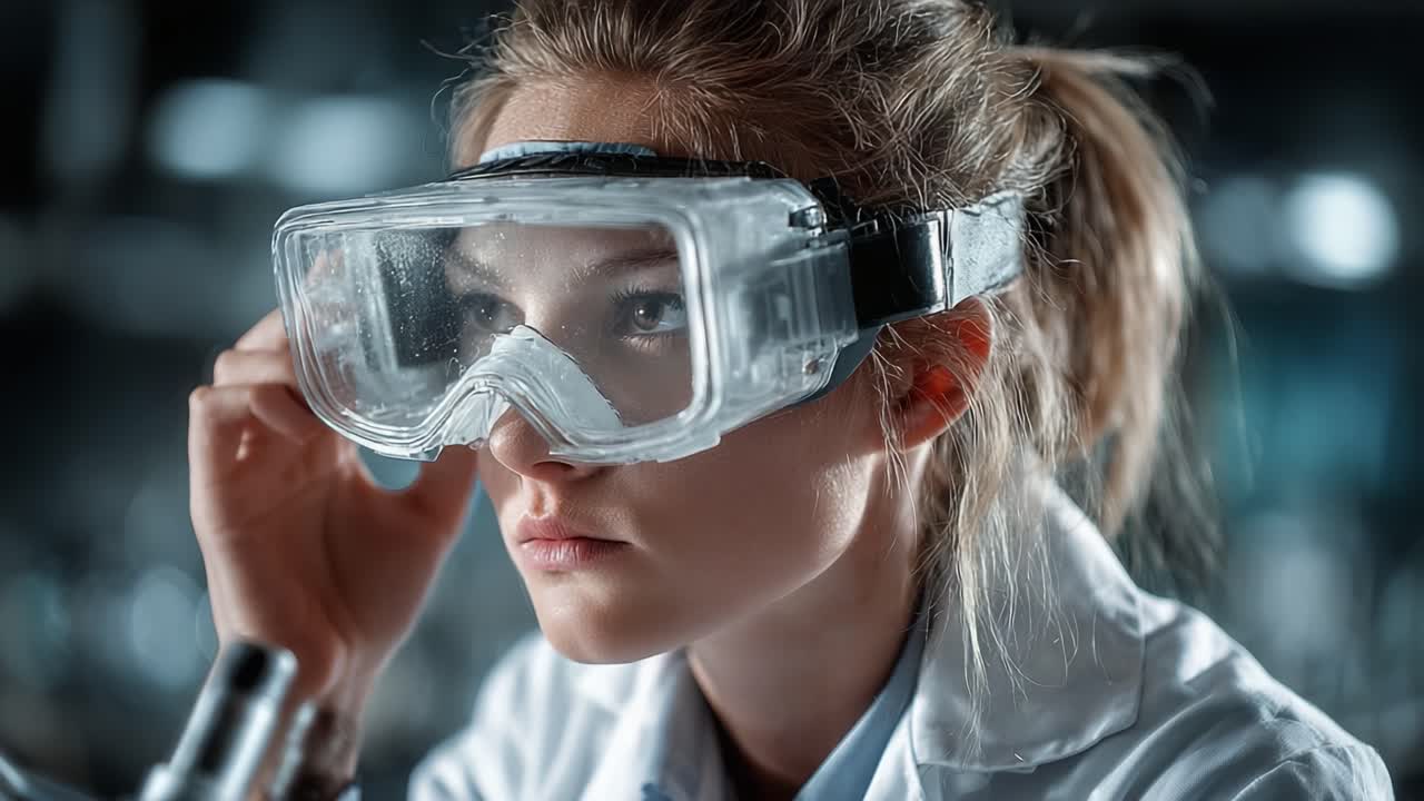 A focused scientist wearing protective goggles examines samples with determination, embodying the spirit of research and innovation in a laboratory environment