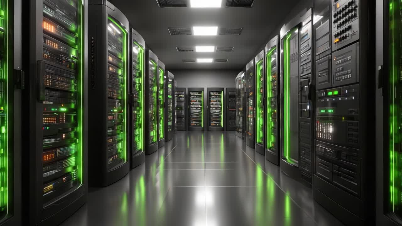 Un Data Center ad Alta Tecnologia: Vaste file di server che mostrano luci LED verdi e tecnologia avanzata per prestazioni ottimali negli ambienti informatici moderni.