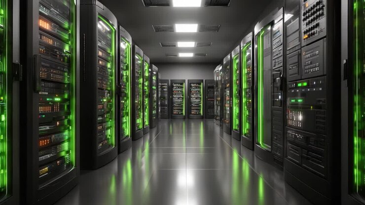 A High-Tech Data Center: Immense Rows of Servers Showcasing Green LED Lights and Advanced Technology for Optimal Performance in Modern Computing Environments