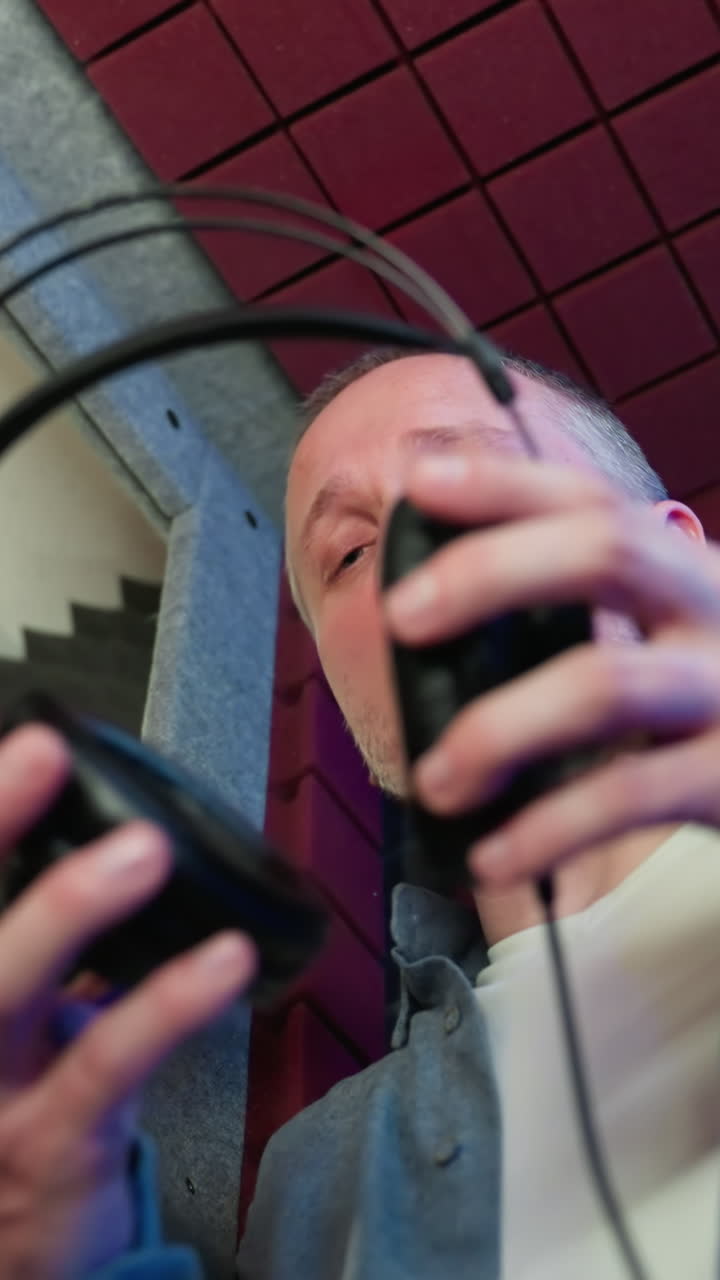A man in a blue shirt and white inner shirt adjusts headphones before recording, set against a dynamic red and black studio backdrop, capturing preparation and focus