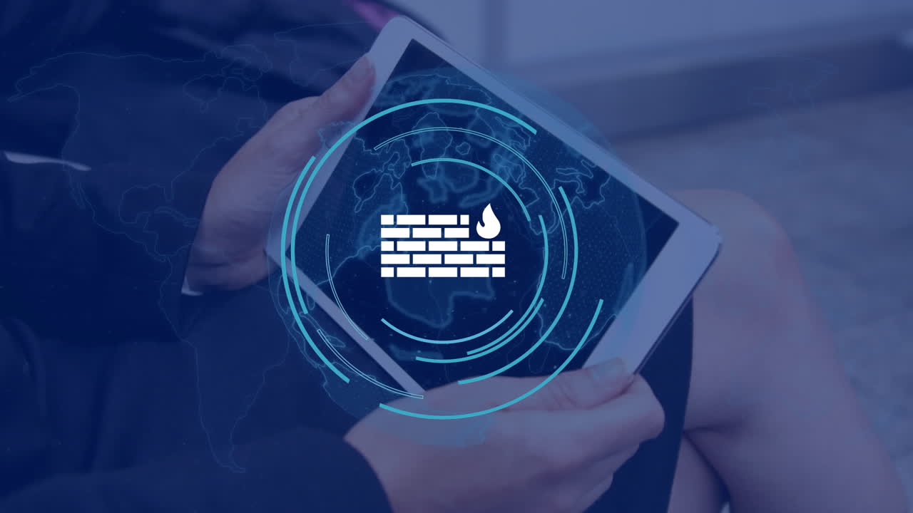 animación del icono de la pared sobre una mujer de negocios caucásica usando una tableta en la oficina