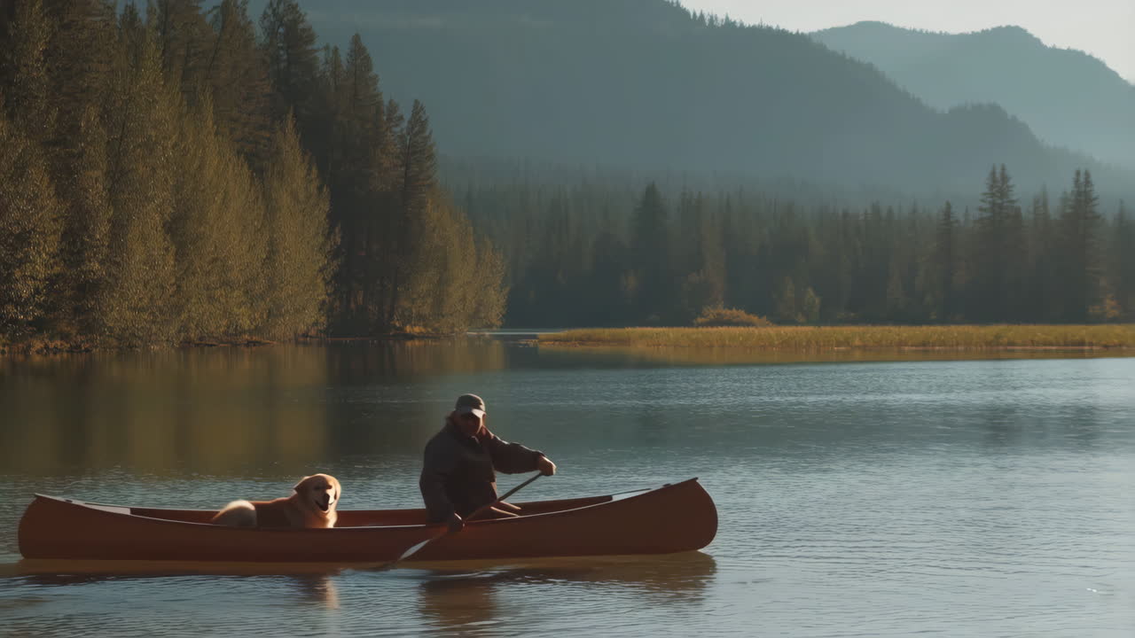 A man and his dog canoeing on a serene lake