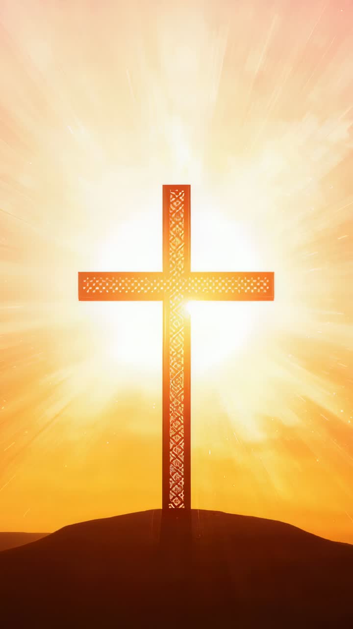 Vertical video: Aligning sun casting pulsing rays behind lacy cross on ...