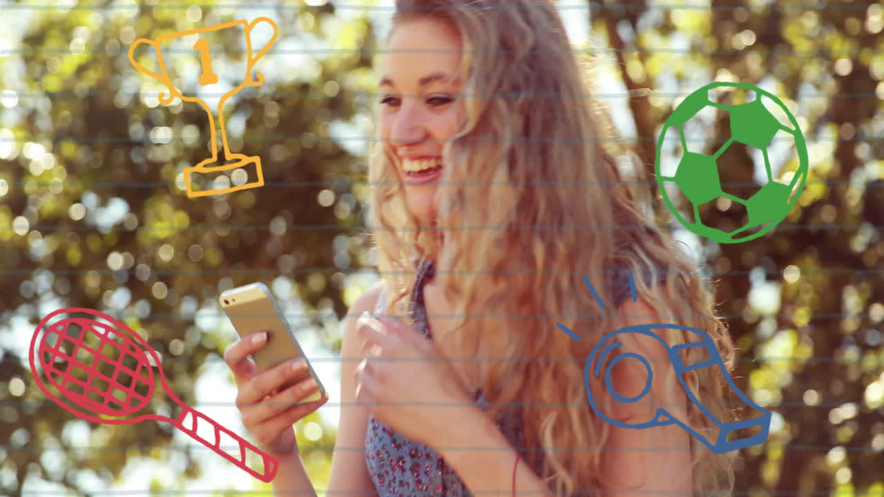 스마트폰을 들고 미소 짓는 여자, 스포츠 아이콘 애니메이션을 배경으로