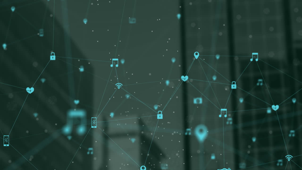 Animation of network of digital icons against tall buildings