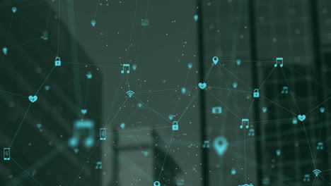 animation of network of digital icons against tall buildings