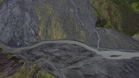 aerial birds eye view over icelandic thorsmork landscape with braided rivers. dolly forward