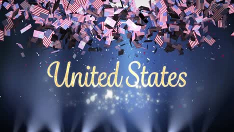 animation of gold text, united states, with american flags falling, on dark blue with lights